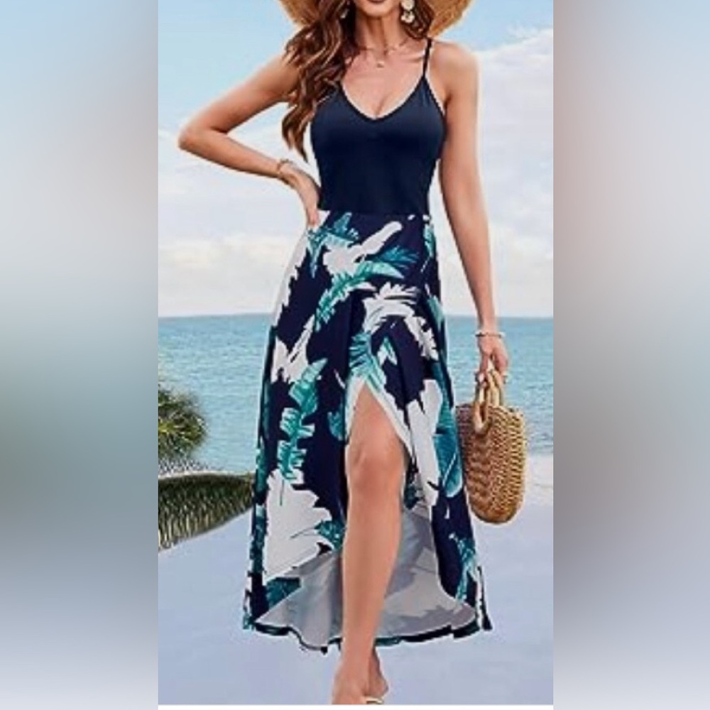 SLIG Navy & White & Teal Tropical Leaves Hi Low Dress